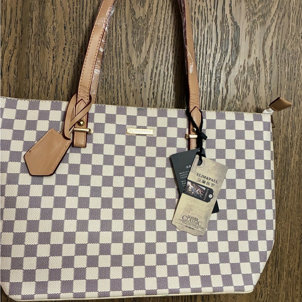 Classic Checkered Tote Bag, Purse & Card Holder with tan & Light Purple Accents